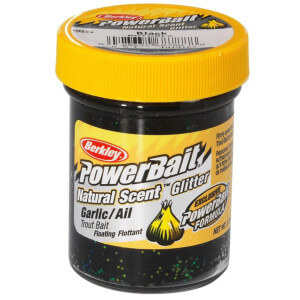 Těsto BERKLEY PowerBait Natural Glitter Trout Dough Black Gliter, Garlic