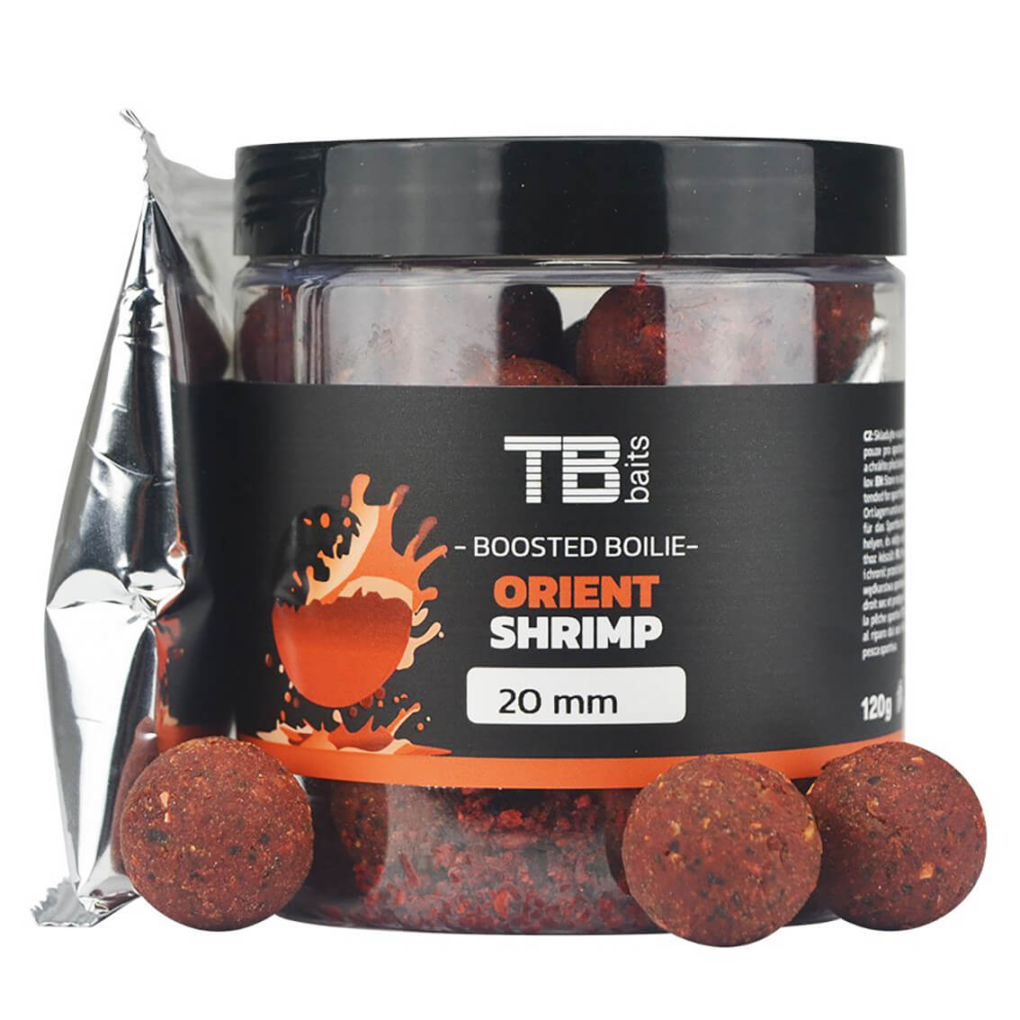 Dipované TB Baits Boosted Orient Shrimp, 120 g průměr 20 mm