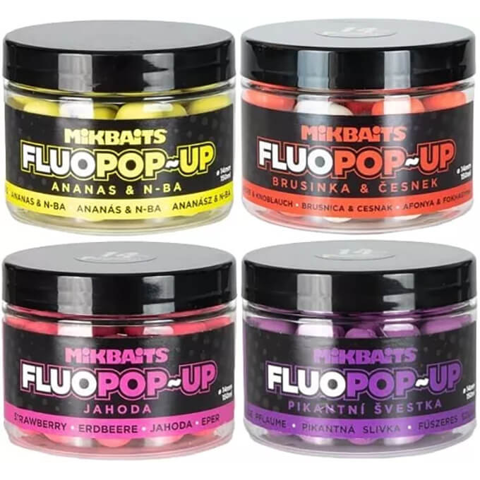 MIKBAITS Fluo Pop Up 14 mm, 150 ml Broskev Pepř, průměr 14 mm