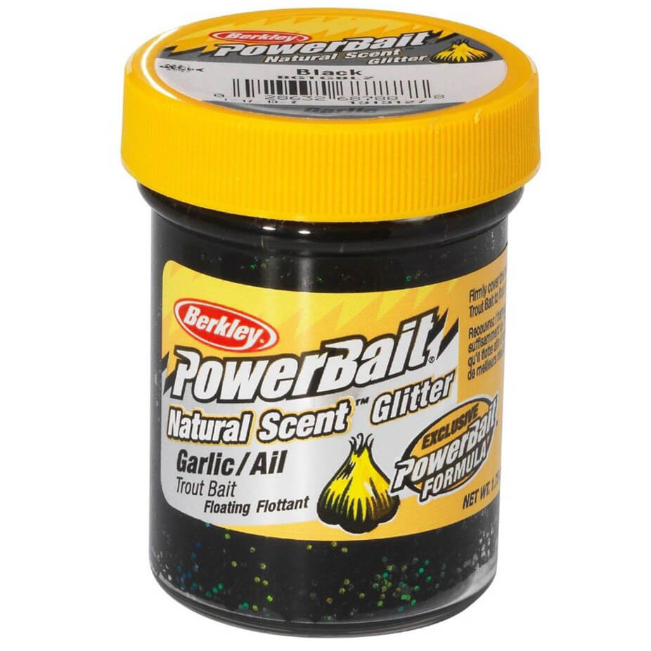 Těsto PowerBait Natural Glitter Trout Dough Black Gliter, Garlic