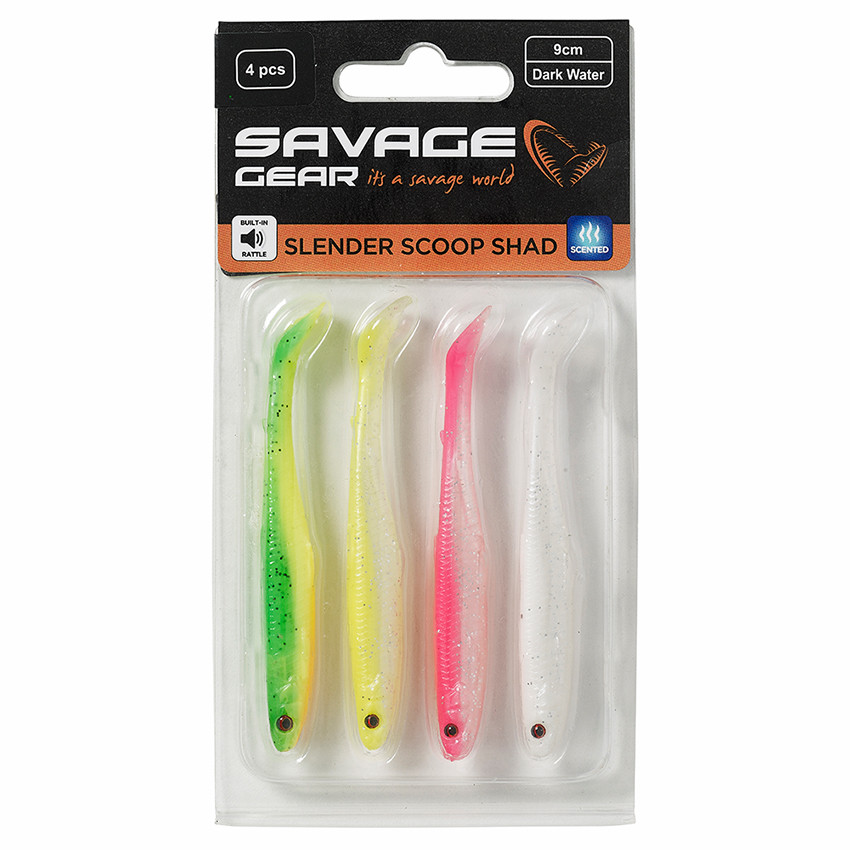 Nástraha SAVAGE GEAR Slender Scoop Shad, Dark Water Mix délka 9 cm, hmotnost 4 g