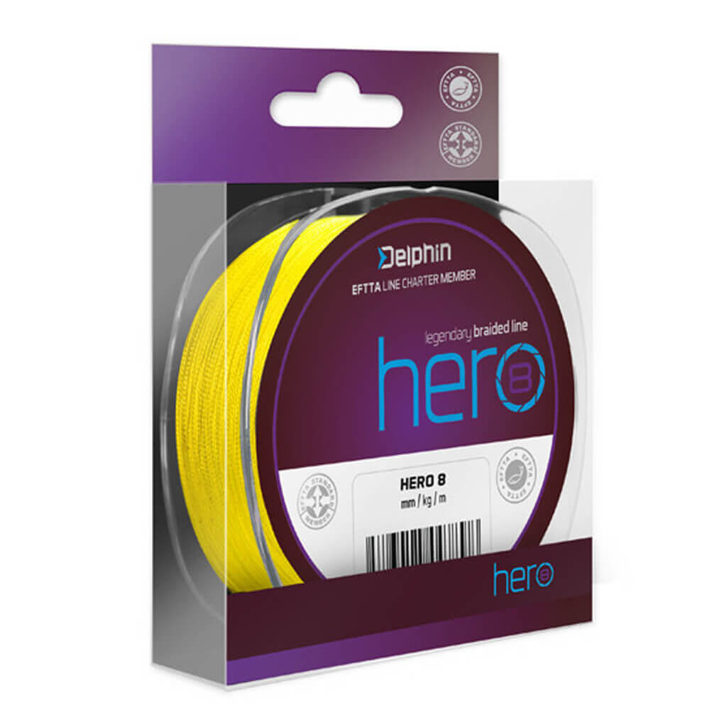 Šňůra DELPHIN Hero 8 žlutá průměr 0,50 mm, nosnost 36,40 kg, balení 117 m